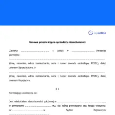 Umowa przedwstępna sprzedaży nieruchomości, zawierająca dane sprzedającego i kupującego, a także informacje o nieruchomości.