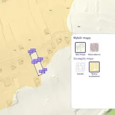 Mapa działki z zaznaczonym obszarem i wymiarami, wskazująca potencjalną służebność gruntową.