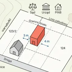 Schemat działki z budynkami, wskazujący odległości od granic i linii zabudowy. Ilustracja do tematu legalizacja samowoli budowlanej.