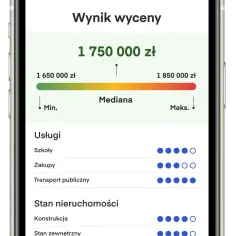Wynik wyceny nieruchomości: 1 750 000 zł. Widoczny jest zakres od 1 650 000 zł do 1 850 000 zł, z zaznaczoną medianą. Poniżej ocena usług i stanu nieruchomości.