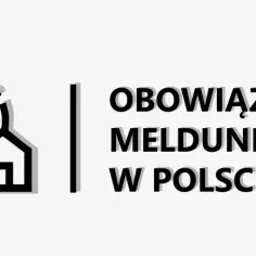 Ikona domu z pinezką i napis "OBOWIĄZEK MELDUNKOWY W POLSCE".
