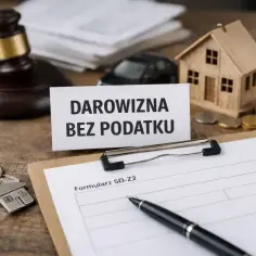Klucze do domu, młotek sędziowski i formularz SD-Z2. Wszystko gotowe do podpisania umowy darowizny pieniędzy bez podatku.