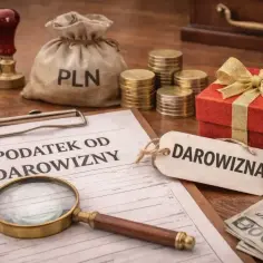 Dokument "Podatek od darowizny", czerwone pudełko z kokardą, worek z napisem PLN, monety i banknoty.