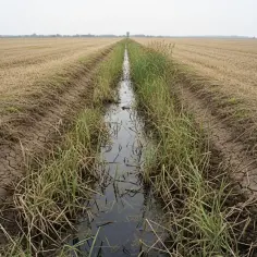 Wąski rów melioracyjny przecina wyschnięte pole. Woda w rowie odbija niebo, a suche trawy tworzą jego brzegi.