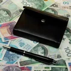Czarny portfel i długopis leżą na stosie polskich banknotów.