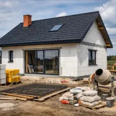 Budowa domu w toku: bloczki, cement, zbrojenie i betoniarka. Poznaj, ile kosztuje budowa domu.