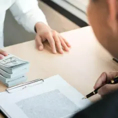 Stos banknotów dolarowych obok dokumentu i młotka sędziowskiego. Notariusz podpisuje umowę, potwierdzając depozyt notarialny.