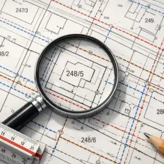 Szczegółowa mapa ewidencyjna z zaznaczonymi działkami, powiększona lupą na działkę 248/5. Obok linijka i ołówek.