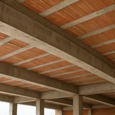 Widok z dołu na betonowe belki i pustaki ceramiczne, tworzące różne rodzaje stropów.