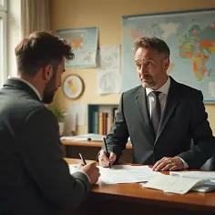 Dwóch mężczyzn w garniturach przy biurku podpisuje dokumenty. Jeden z nich wyjaśnia, jak sprawdzić, kto jest właścicielem działki.