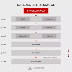 Schemat dziedziczenia ustawowego: od spadkodawcy do dzieci, rodziców, rodzeństwa, dziadków, pasierbów, a w końcu skarbu państwa.