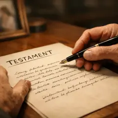 Dłoń pisze testament allograficzny piórem. W tle zdjęcie rodzinne.
