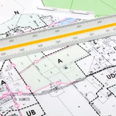 Plany miejscowe (mpzp) z naniesionymi działkami i drogami, przykryte linijką geodezyjną.