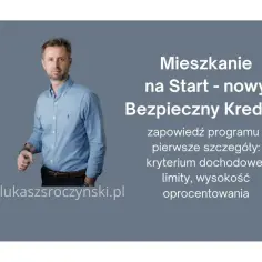 Mężczyzna w niebieskiej koszuli obok tekstu o Bezpiecznym Kredycie 2 procent. Zapowiedź programu, kryteria i limity.