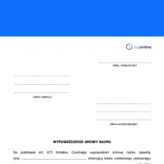Formularz wypowiedzenie umowy najmu. Dokument zawiera pola na dane najemcy, wynajmującego, datę i miejscowość.