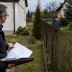 Mężczyzna z dokumentami analizuje działkę, rozmawiając z sąsiadem o sprawie zasiedzenia.