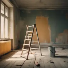 Drabne mieszkanie za remont, z drabiną i wiadrem, czeka na nowe życie.