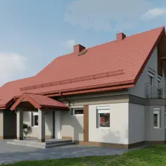 Elewacje domów z lat 70-tych, z czerwoną dachówką i jasnym tynkiem, otoczone zielenią.