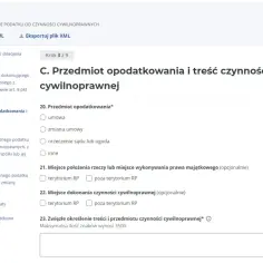 Formularz PCC-3(6) - krok 3 z 9, gdzie określamy przedmiot opodatkowania i treść czynności cywilnoprawnej, kluczowy dla podatku PCC.