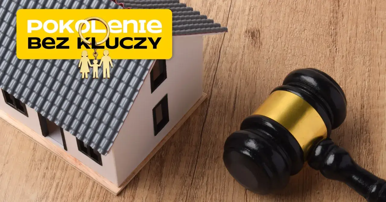 Dom z kluczykami w kształcie rodziny, symbolizujący dziedziczenie. Obok młotek sędziowski, sugerujący testament.