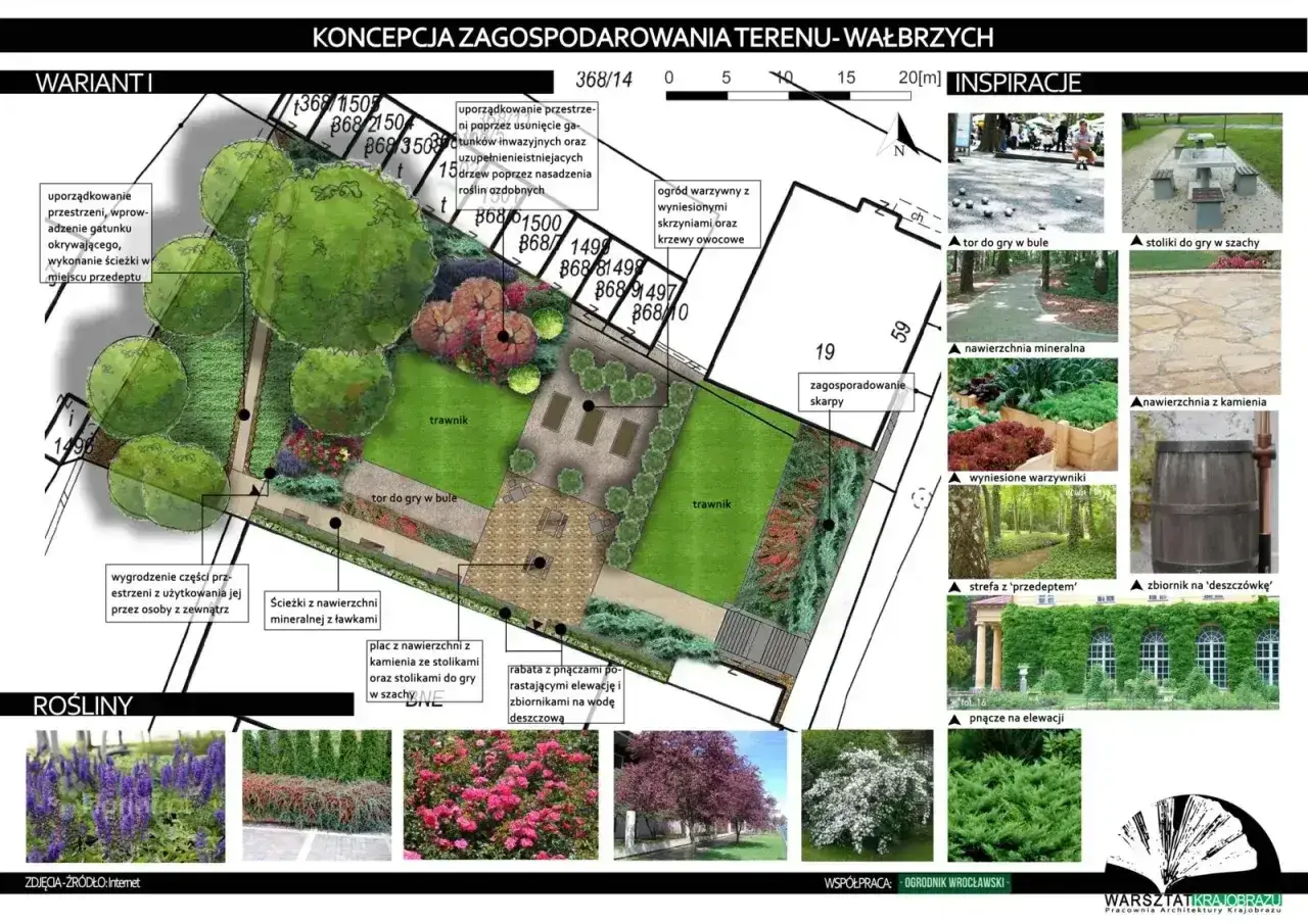 Koncepcja zagospodarowania terenu: projekt ogrodu z trawnikami, torami do gry w bule, rabatami, warzywnikiem i miejscami do siedzenia.