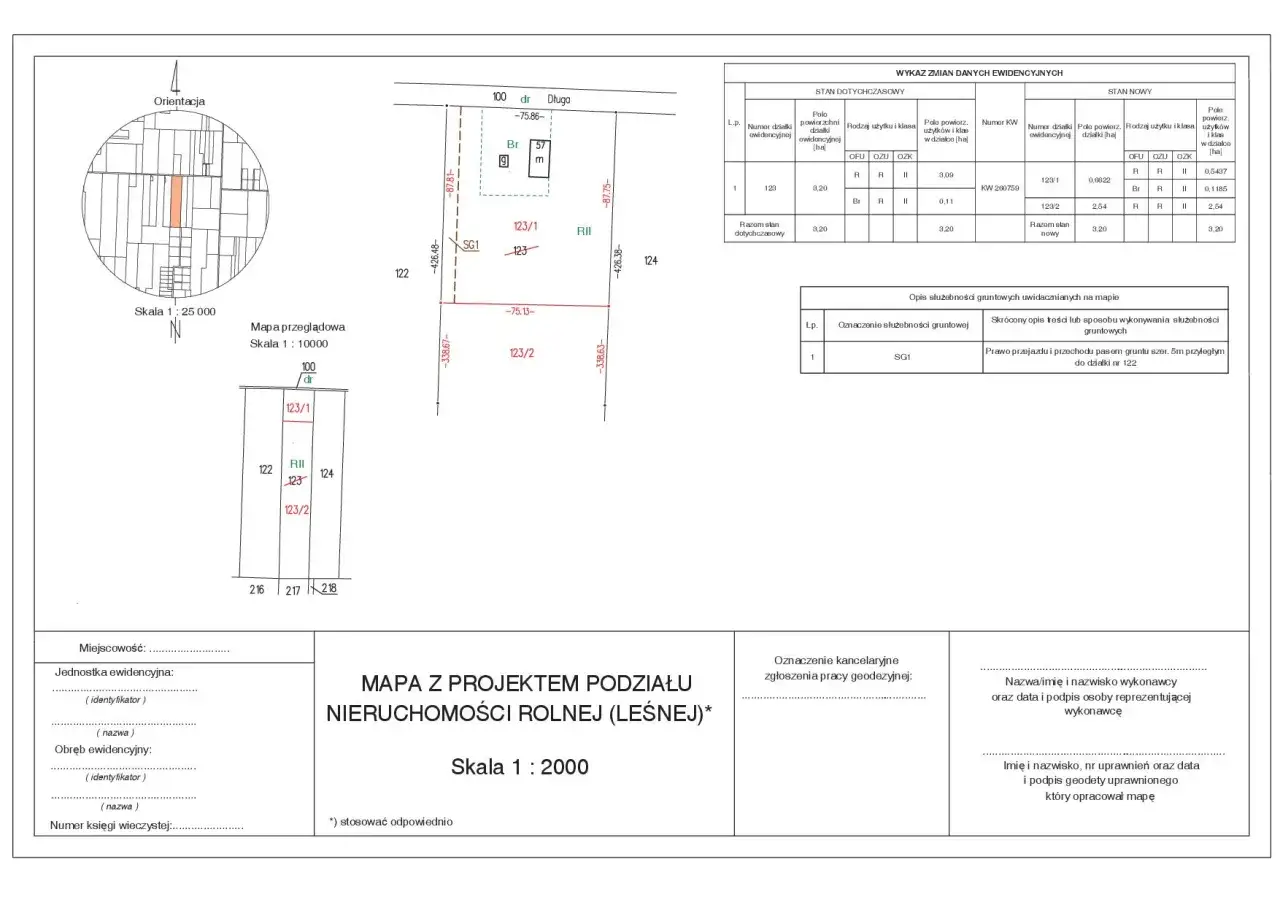 Mapa z projektem podziału nieruchomości rolnej, uwzględniająca służebność gruntową SG1 - prawo przejazdu i przechodu.