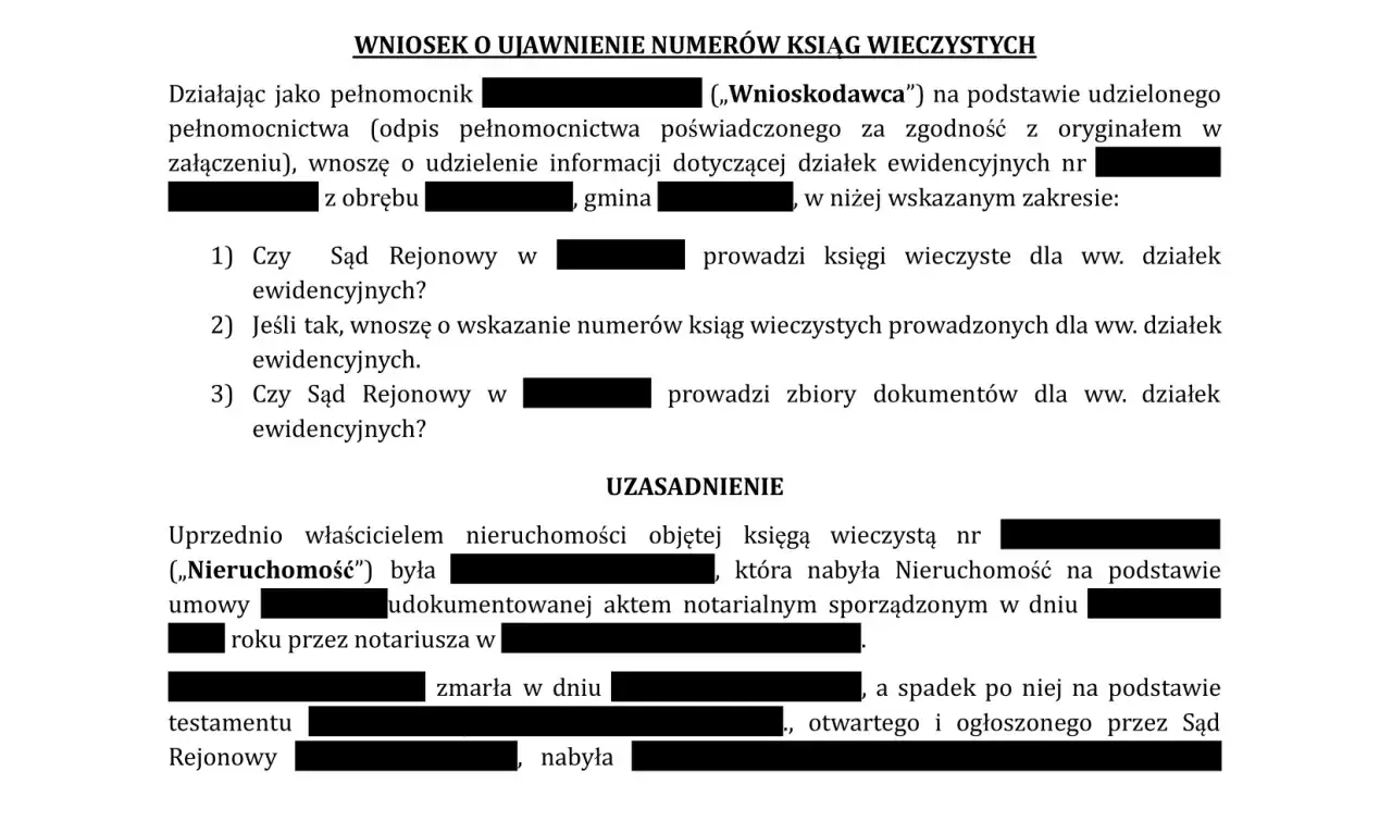 Wniosek o ujawnienie numerów ksiąg wieczystych, złożony na podstawie pełnomocnictwa ogólnego.