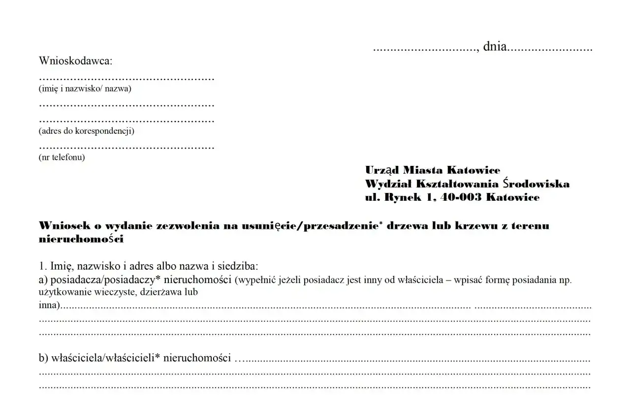 Wniosek o zezwolenie na wycinkę drzew na działce. Dokument zawiera dane wnioskodawcy i adresata (Urząd Miasta Katowice).