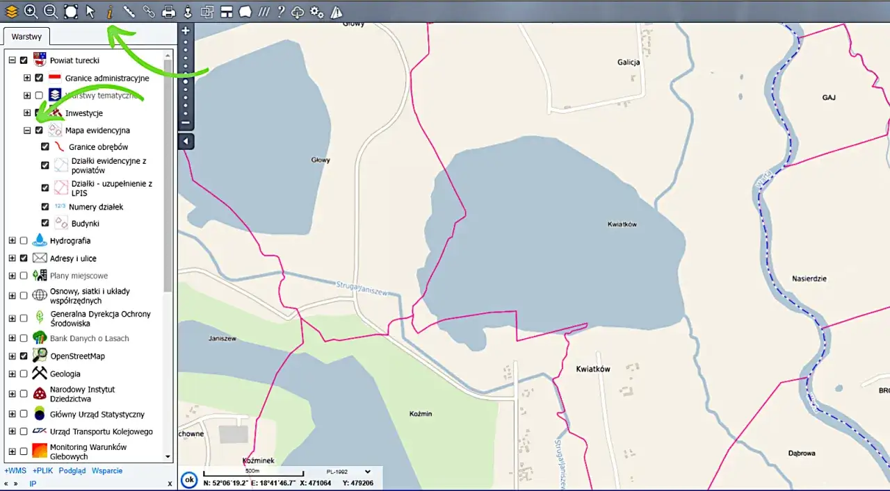 Mapa ewidencyjna z zaznaczonymi numerami działek i granicami obrębów. Widoczne są również warstwy z inwestycjami i hydrografią.