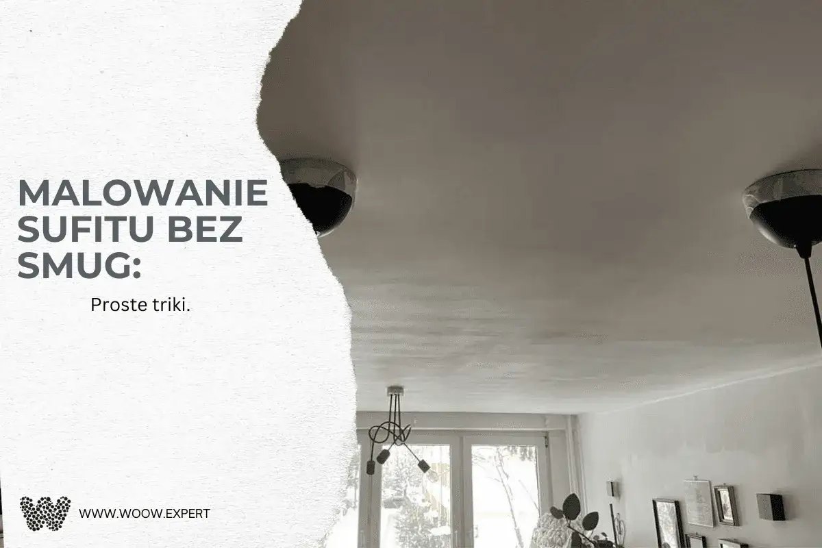 Malowanie sufitu bez smug: proste triki. Widok na sufit z lampami i tekstem.