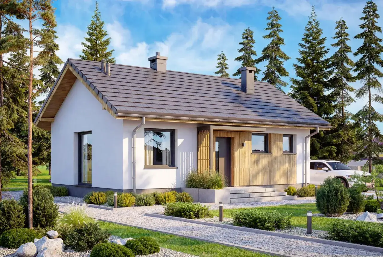 Nowoczesny dom 70m2 bez pozwolenia, z drewnianą elewacją i dużymi oknami, otoczony zielenią i sosnami.