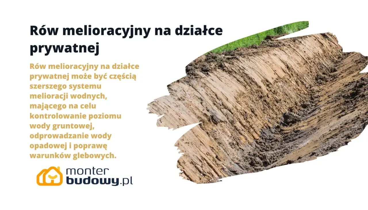 Wygląd rowu melioracyjnego na prywatnej działce, który może być częścią szerszego systemu melioracji wodnych.