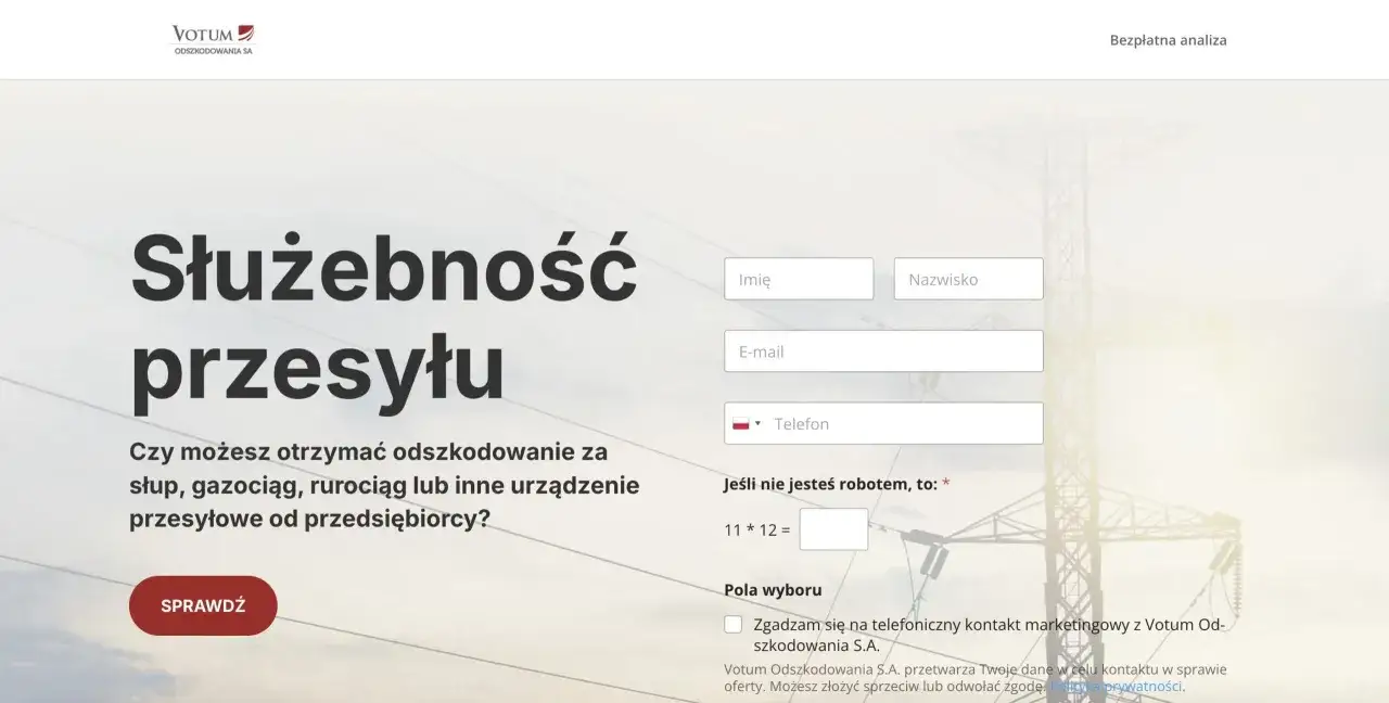 Formularz Votum Odszkodowania. Zapytanie o odszkodowanie za służebność przesyłu, np. za słup na działce ponad 30 lat.