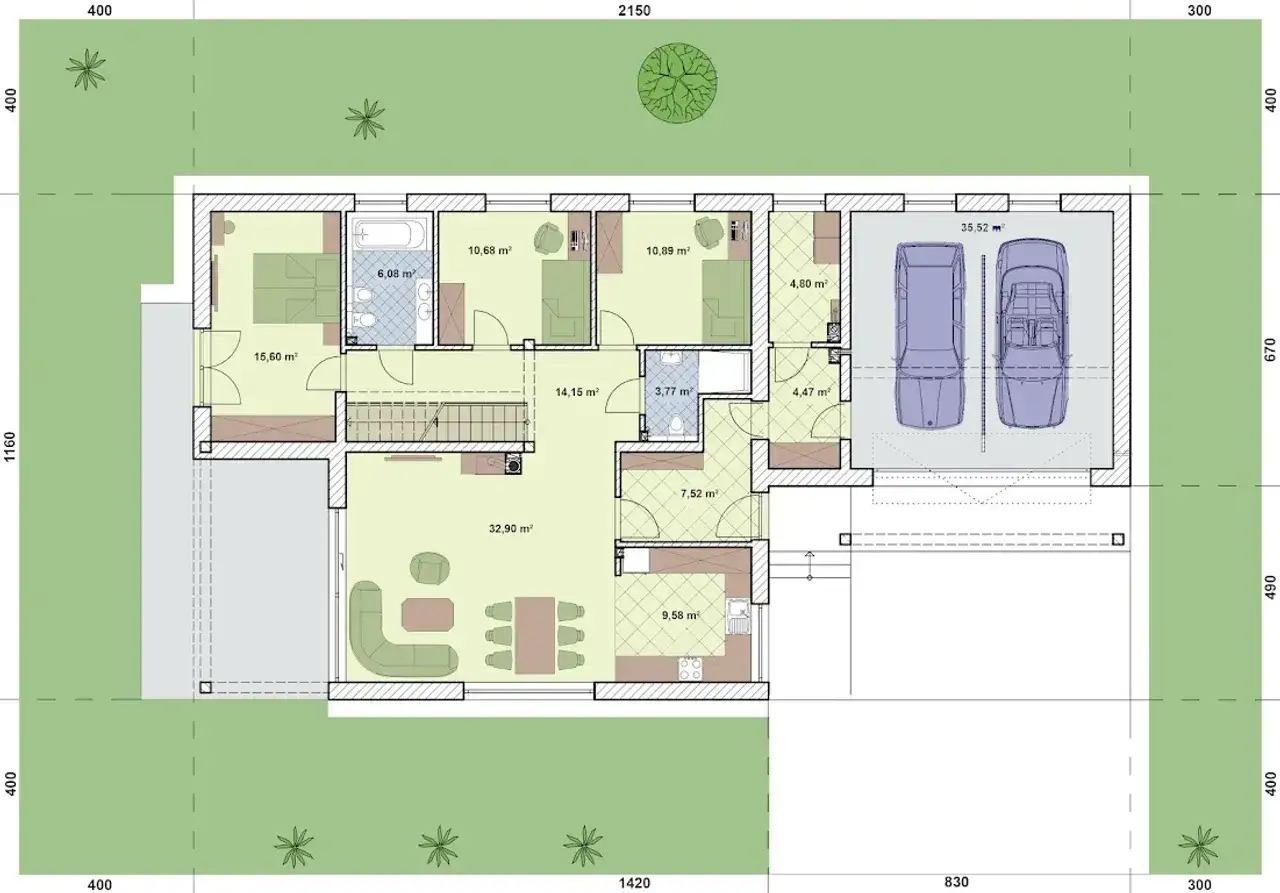 Darmowe projekty domów: rzut parteru z salonem, kuchnią, sypialniami, łazienką i garażem na dwa samochody.