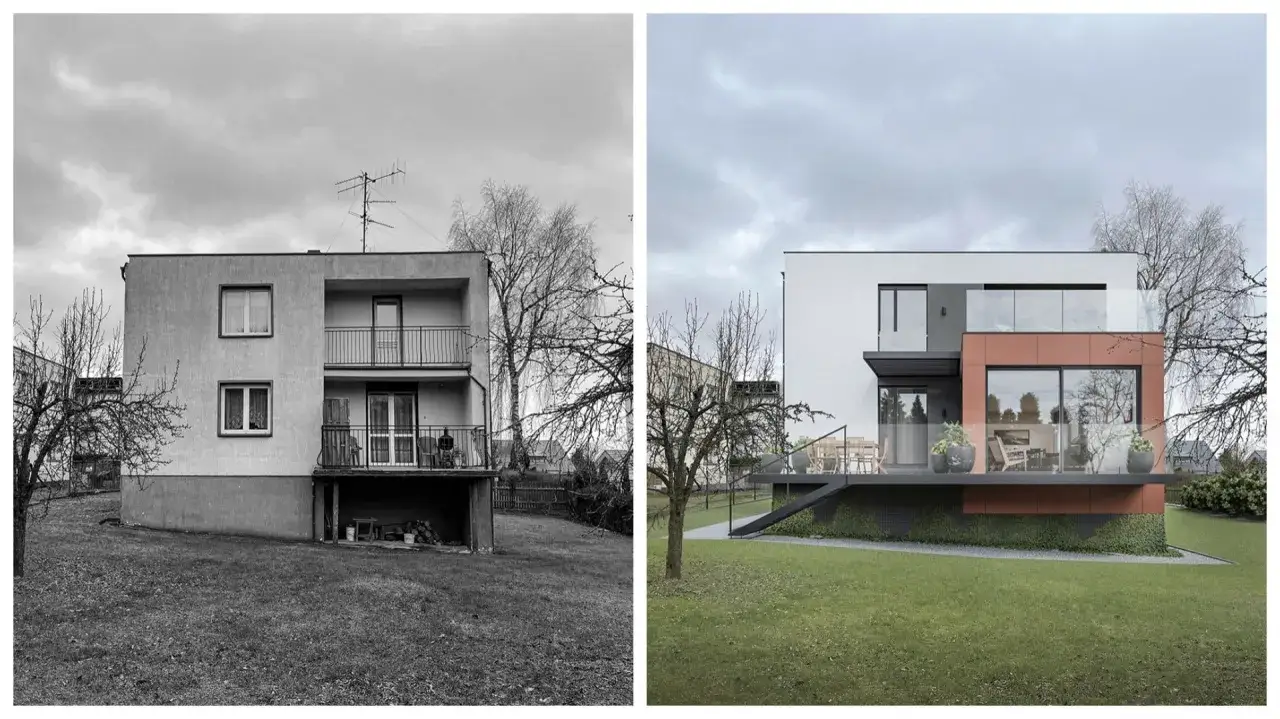Porównanie elewacji domów z lat 70-tych: zniszczony budynek obok nowoczesnej, odnowionej bryły z przeszklonymi balkonami.