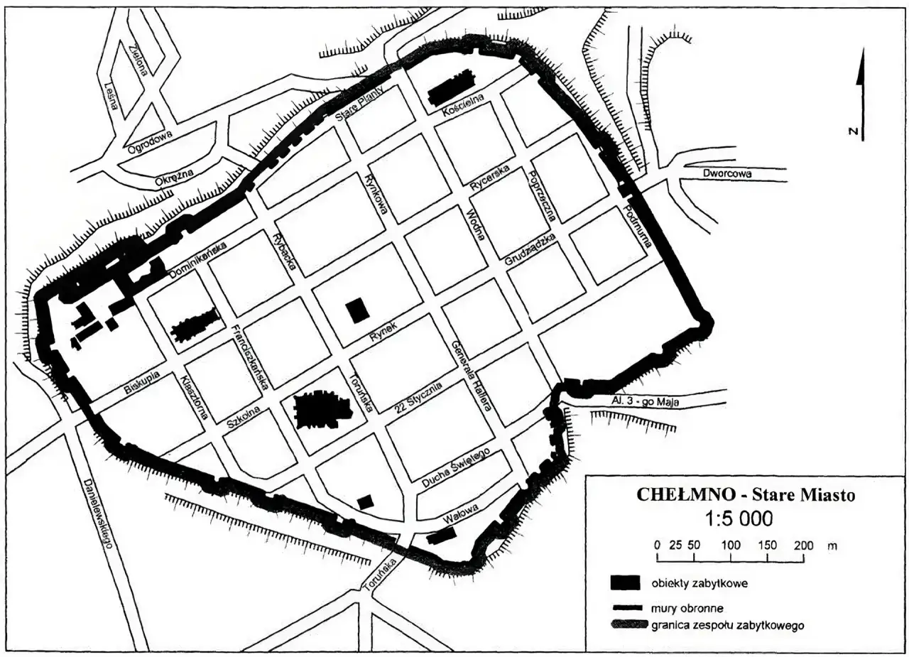 Mapa Chełmna - Stare Miasto, ukazująca układ ulic i fortyfikacji. Dokumentuje historyczne prawa miejskie.
